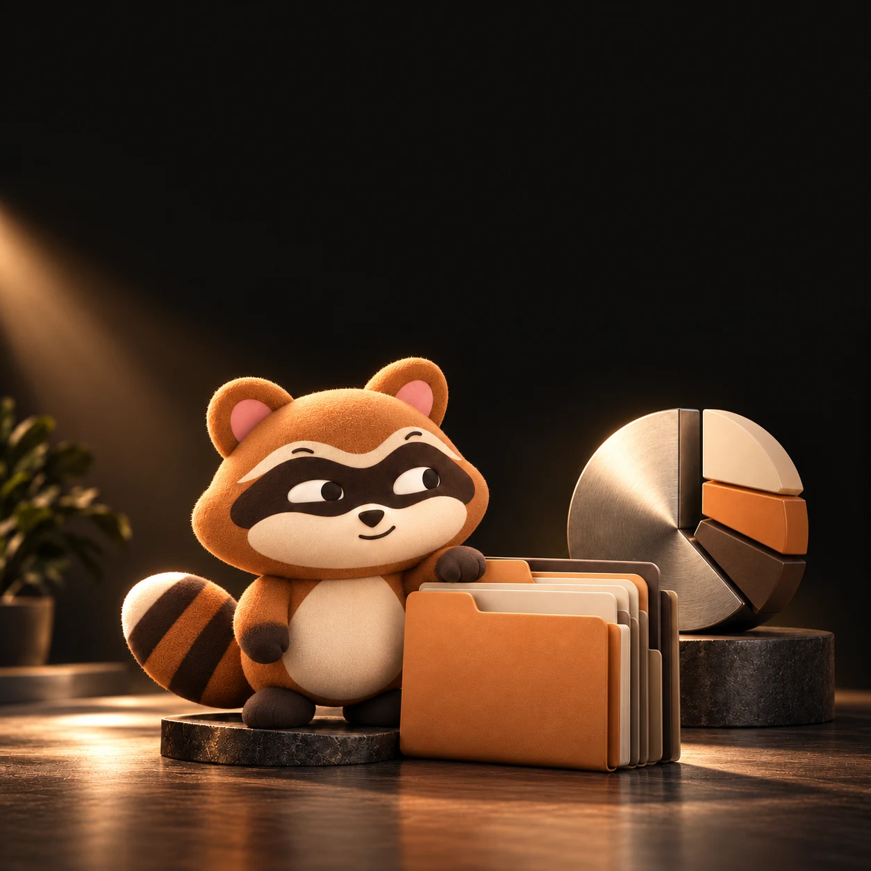 Lio, the Neatlio raccoon, with orange file folders and a sculptural disk chart